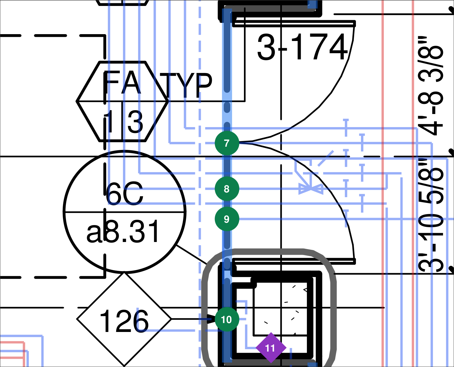 Detail page: numbered penetration pins on a 1-hour rated wall and a floor penetration, with the pipes that cause them